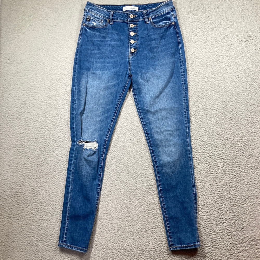 Kancan Curvy Skinny Jeans Women 11/29 Blue Button Fly Distressed Denim High Rise